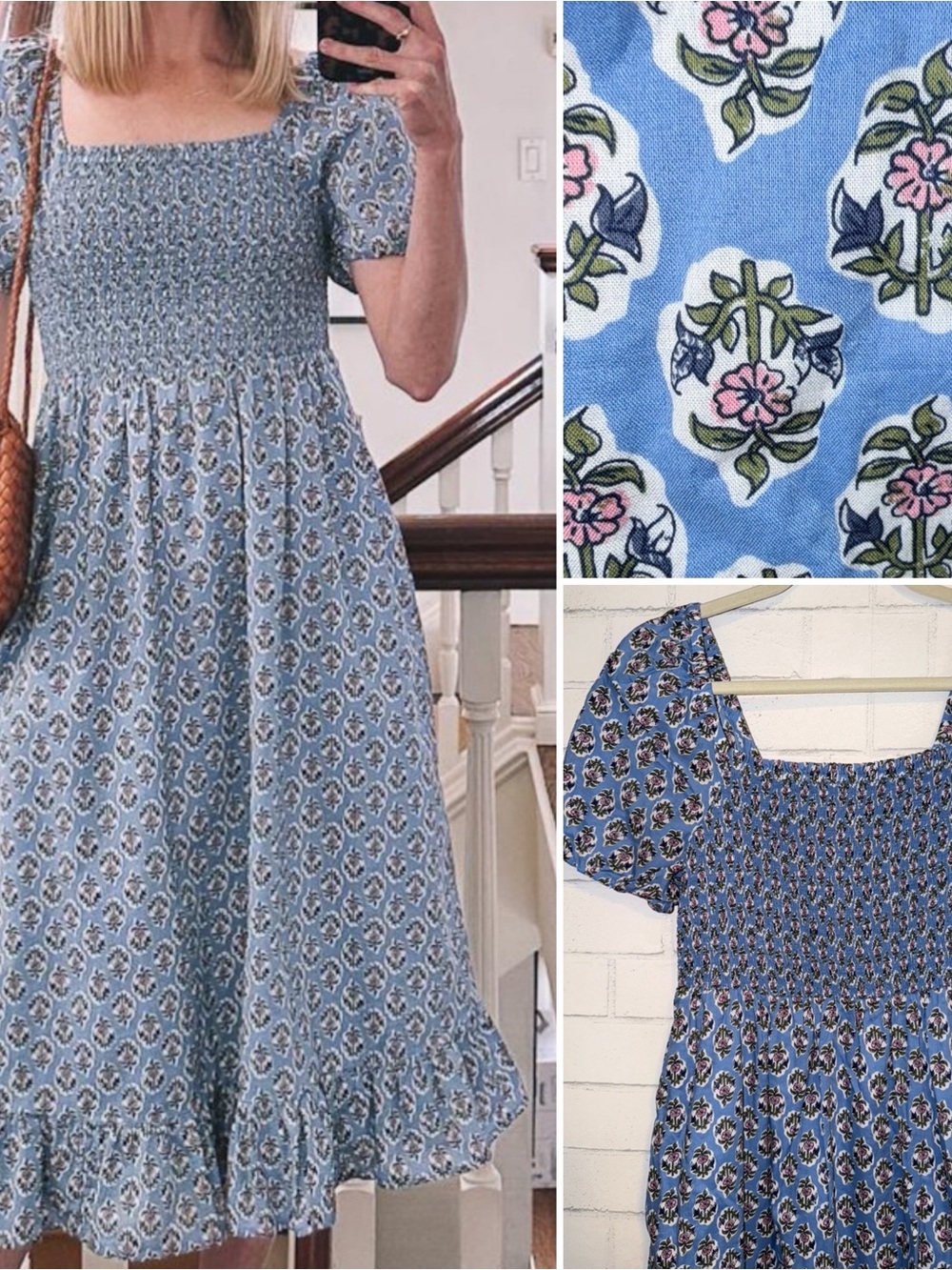 J.Crew Outlet Store Blue & Pink block-print smocked midi Nap dress Womens XS EUC